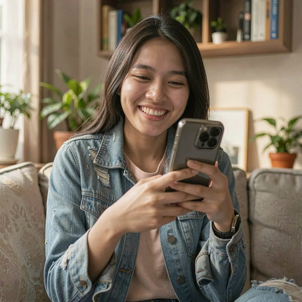 TOKE66 App – Play casino games easily on your mobile in Malaysia Smiling Malaysian woman holding her phone and using the TOKE66 casino app in a modern indoor setting