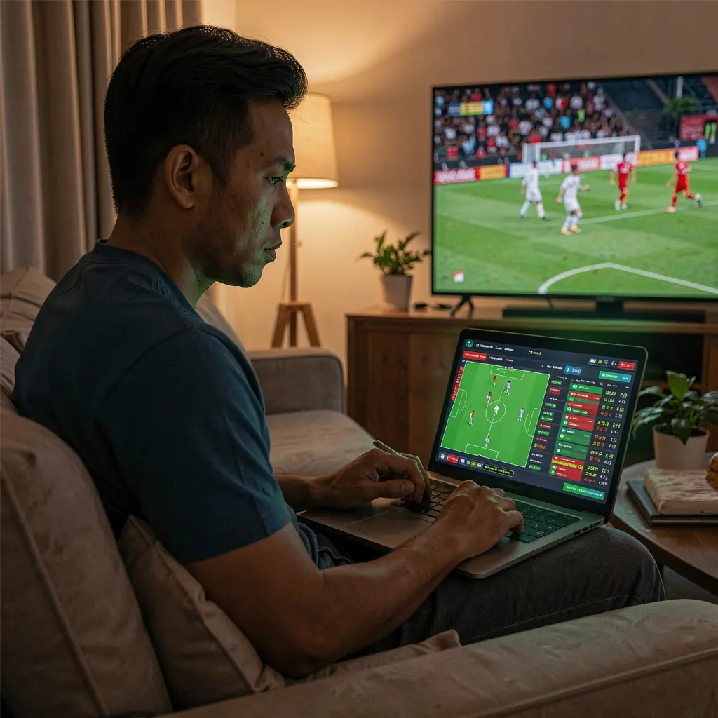 Malaysian man placing live soccer bets on a laptop with the TOKE66 platform while watching a match on TV in a cozy home setting