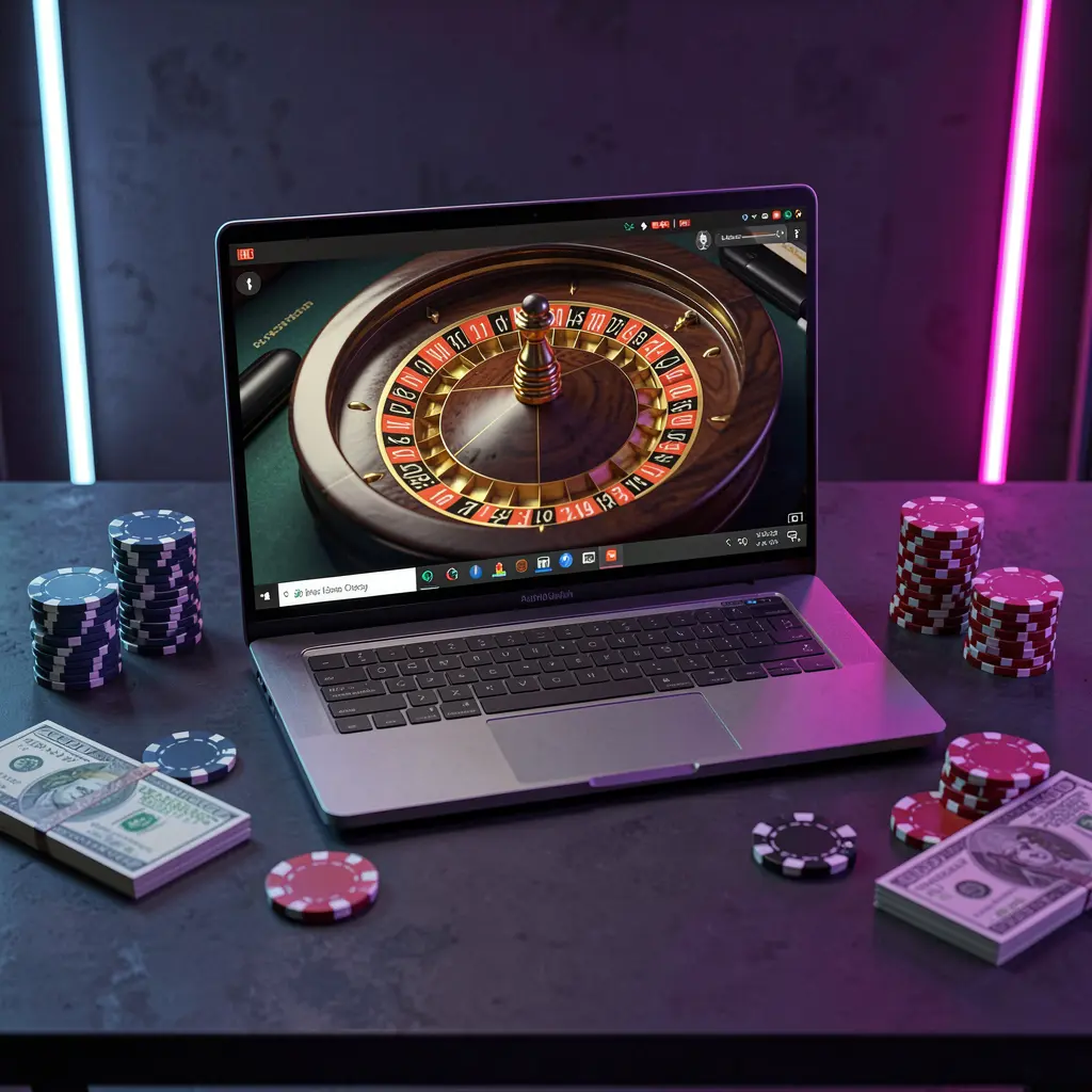 TOKE66 – Enjoy immersive online casino gameplay designed for Malaysian players Stylish online casino scene with a digital roulette wheel on a laptop and colorful chips reflecting the immersive TOKE66 gaming atmosphere for Malaysia