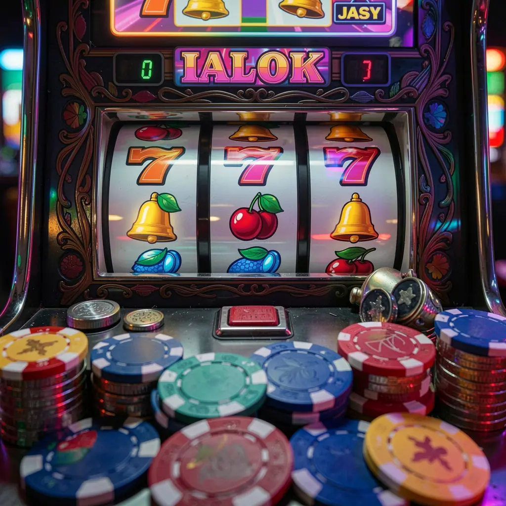 TOKE66 – Start spinning popular slots and winning today Close-up view of a colorful slot machine with glowing reels and casino chips representing the premium online slot experience at TOKE66 for players in Malaysia